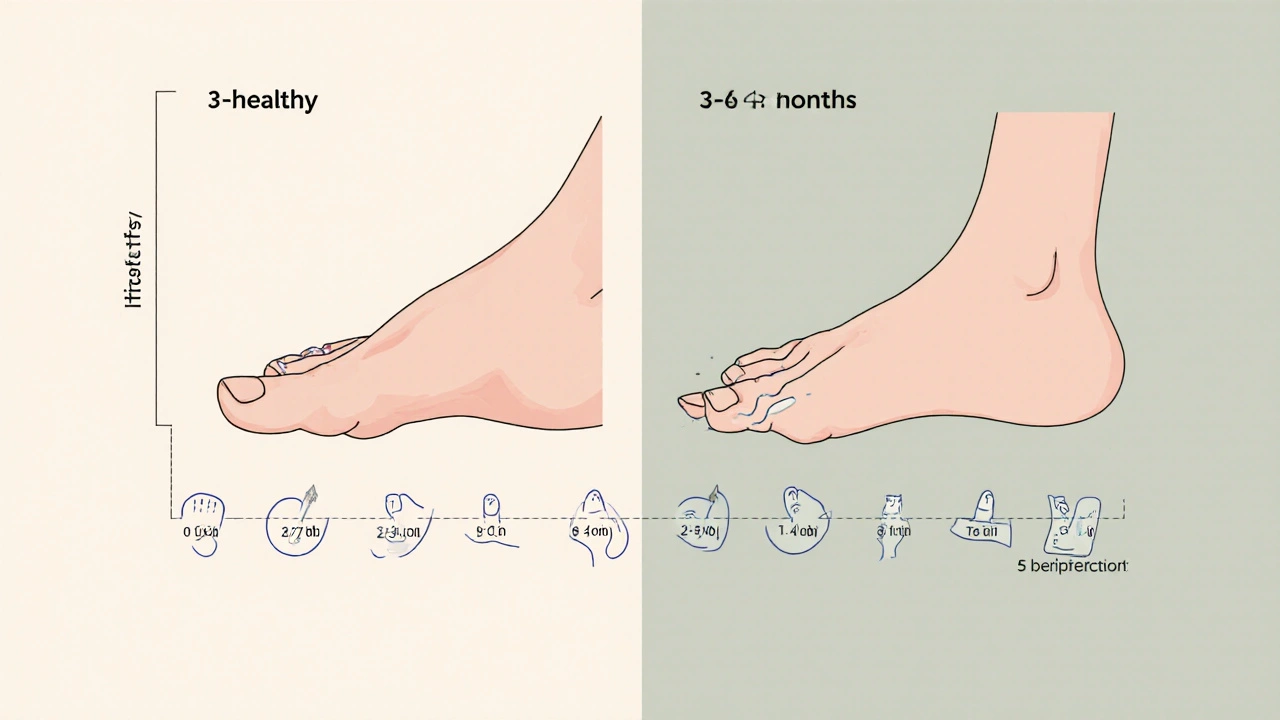 Comparaison visuelle du processus de repousse d’un ongle sain après traitement antifongique.