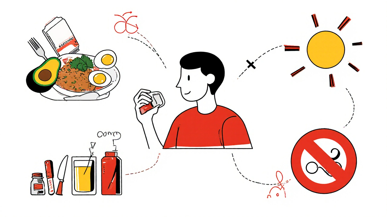 Personne prenant un médicament avec un repas gras, évitant le soleil et partageant des objets personnels.