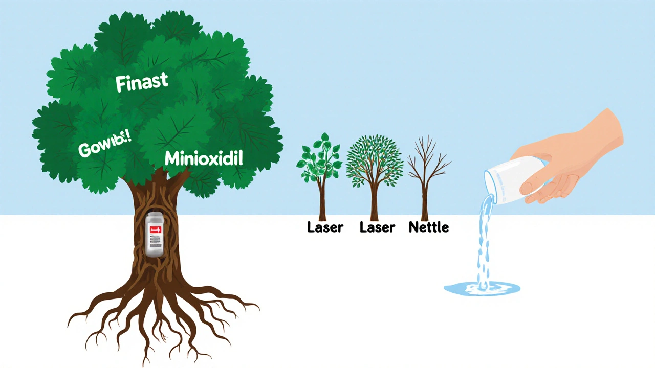 Arbre aux racines capillaires, chaque branche représentant un traitement différent.