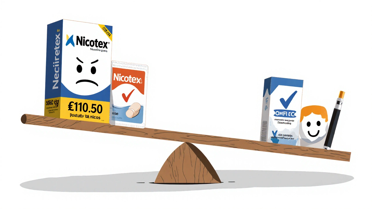 Balance comparant Nicotex coûteux à des alternatives génériques et vapotage, style suisse minimaliste.