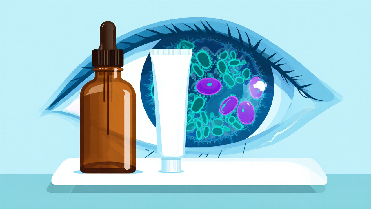 Bouteille de gouttes oculaires antibiotiques et illustration du cornea infecté.