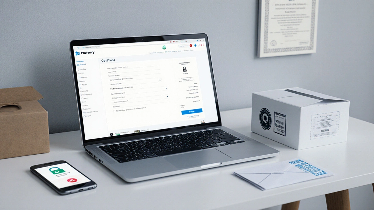 Bureau à domicile avec ordinateur montrant un paiement sécurisé, téléphone, et boîte de livraison de pharmacie.