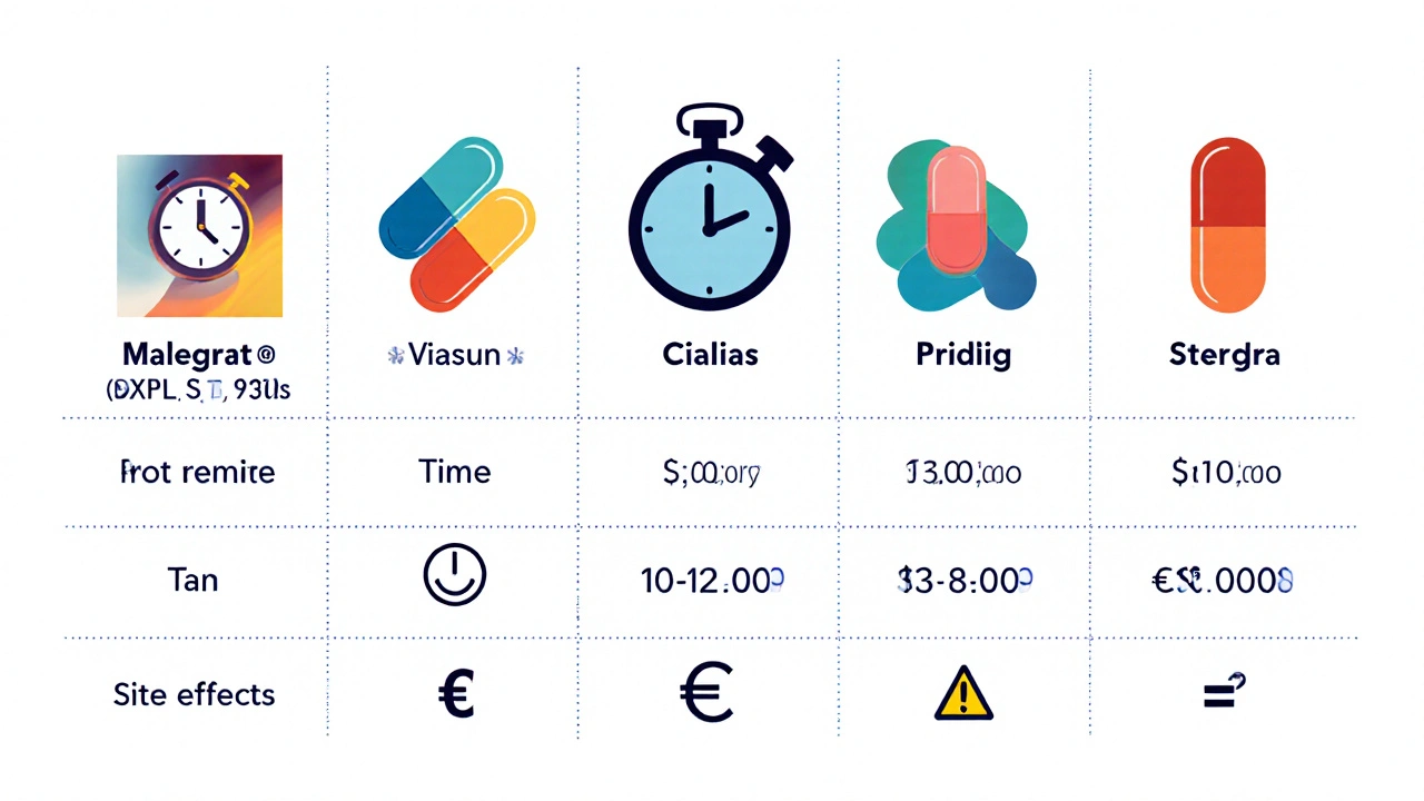 Comparaison visuelle de Malegra DXT Plus avec Viagra, Cialis, Priligy et Stendra sous forme d’icônes.