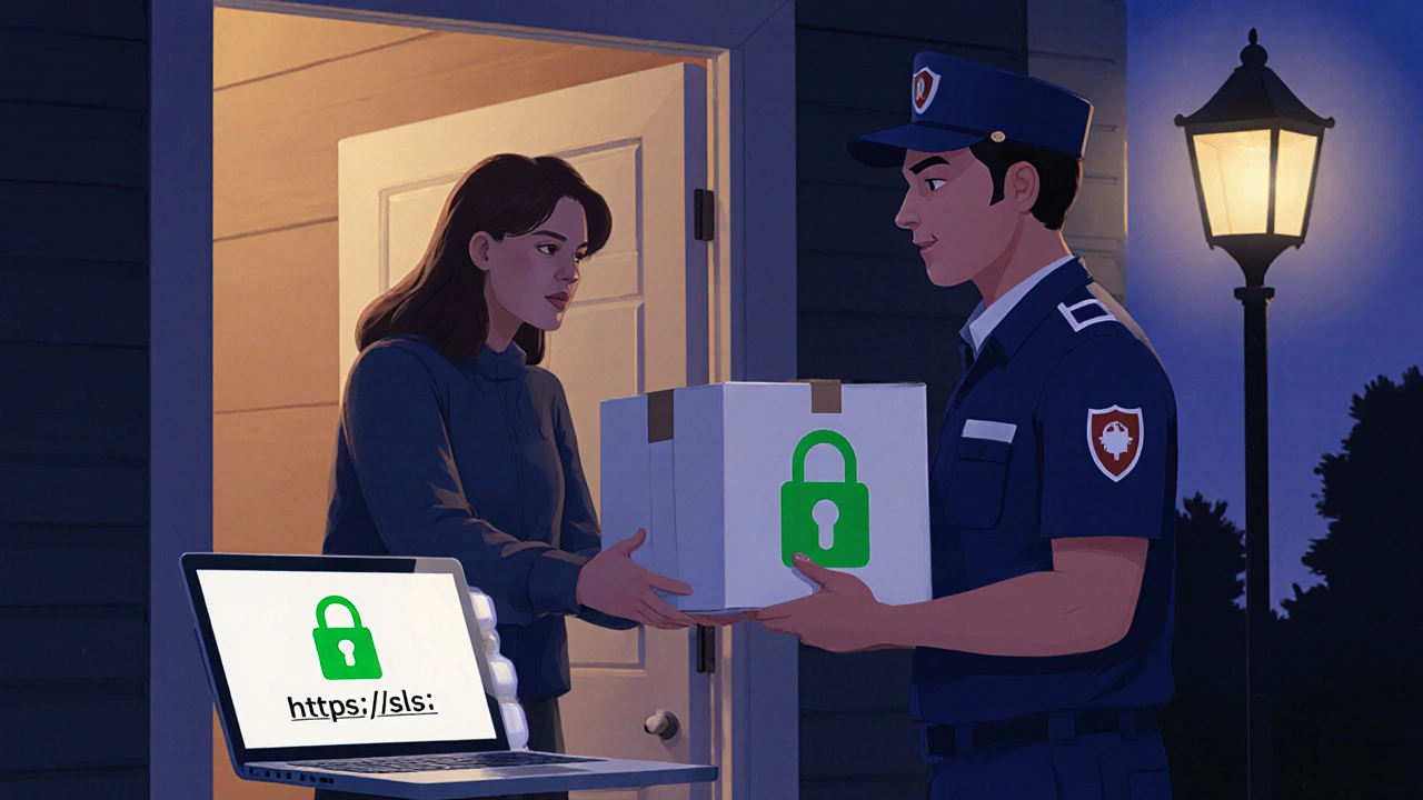 Courier delivers sealed box with lock symbols to satisfied customer at home.