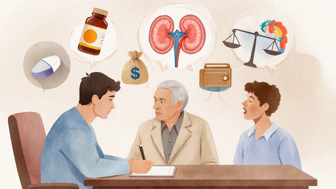 Docteur entouré de silhouettes de patients montrant âge, fonction rénale et budget, avec icônes de pilules et balance décisionnelle.