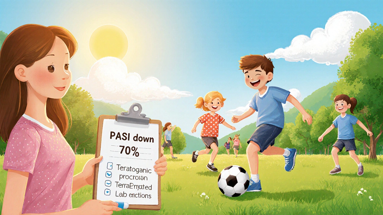 Enfant souriant, peau claire, jouant au parc avec sa famille après le traitement.