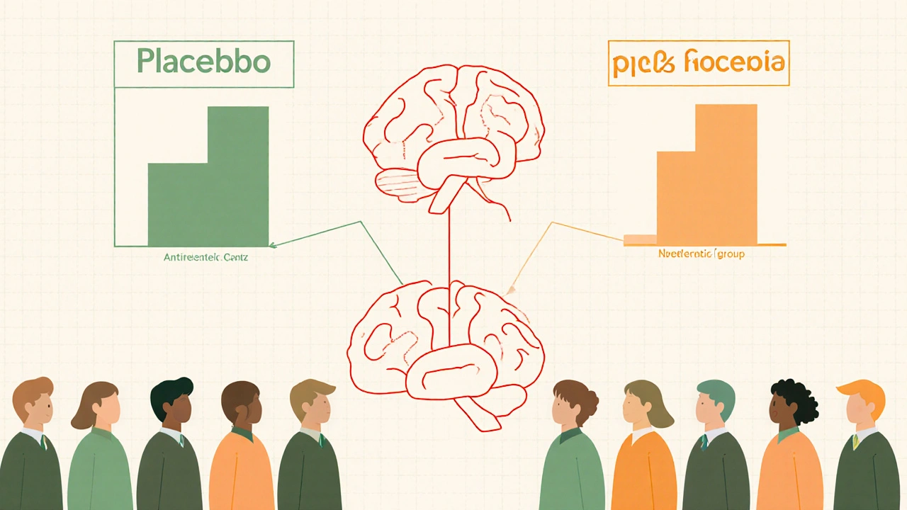 Essai clinique avec deux groupes, diagramme du cerveau montrant zones impliquées.