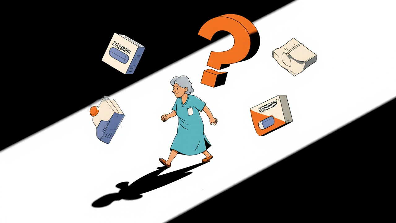 Femme âgée vacillant sous des médicaments flottants qui projettent des ombres menaçantes.