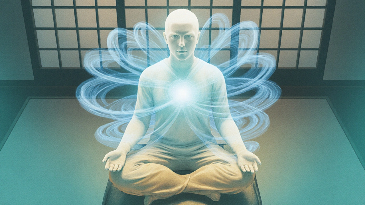 Figure en méditation, entourée de cercles bleus représentant la respiration.
