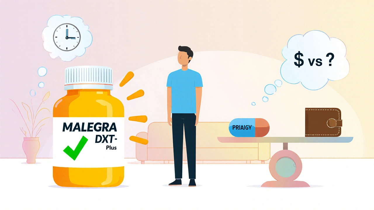 Homme choisissant entre une pilule unique Malegra DXT Plus et deux pilules séparées (Viagra et Priligy).