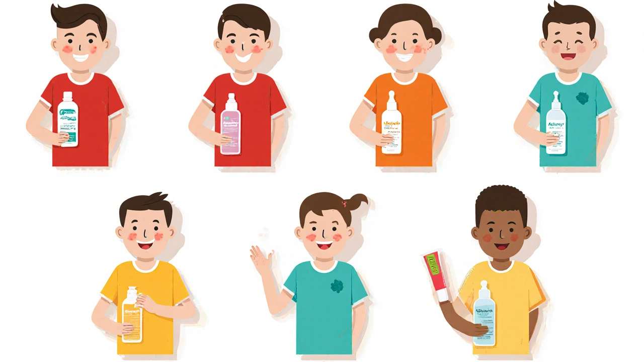 Huit personnages de style cartoon illustrant différents traitements anti‑acné, chacun avec son flacon coloré.