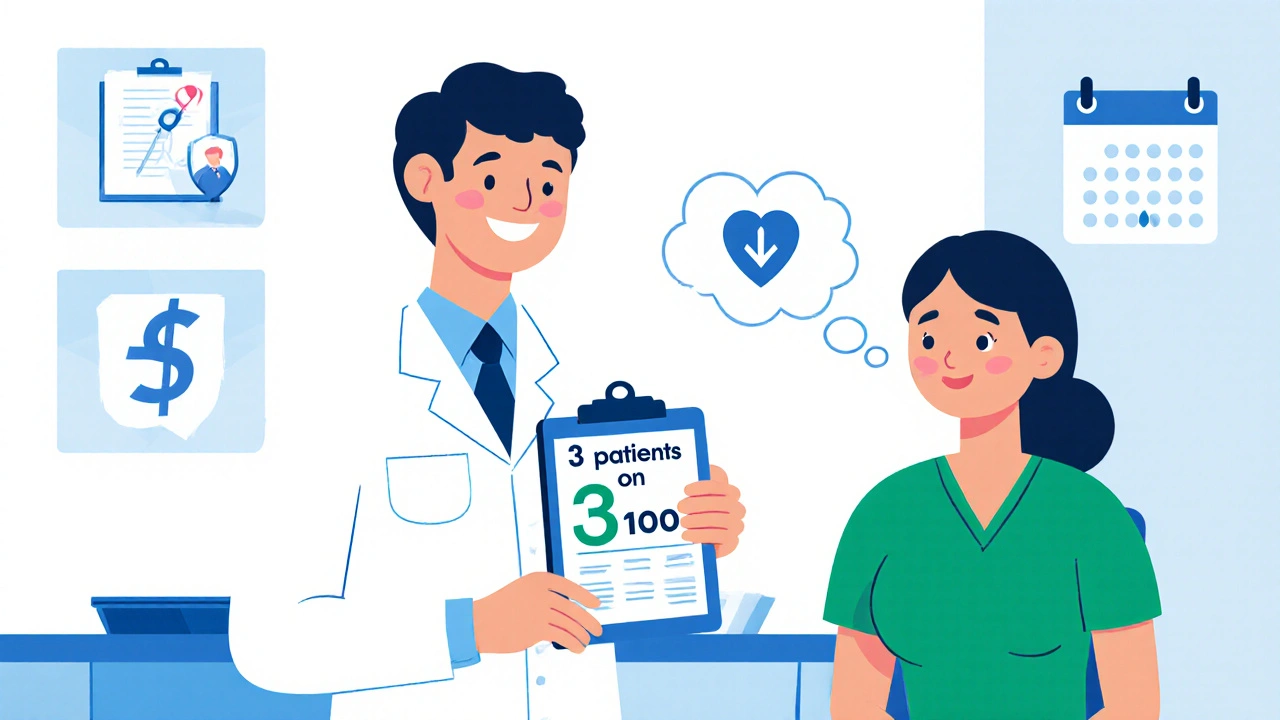 Médecin explique les risques en absolu, patient rassuré, icônes de coûts réduits.