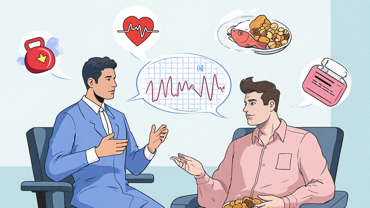 Médecin mentor conseillant un patient avec icônes sport, alimentation et pilule, style DC.