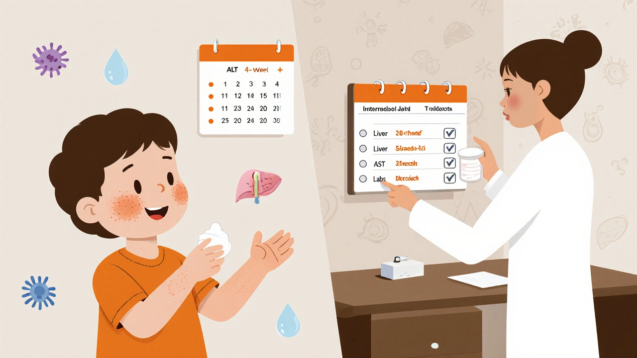 Médecin montrant des analyses de sang – enzymes hépatiques et triglycérides – à un patient.