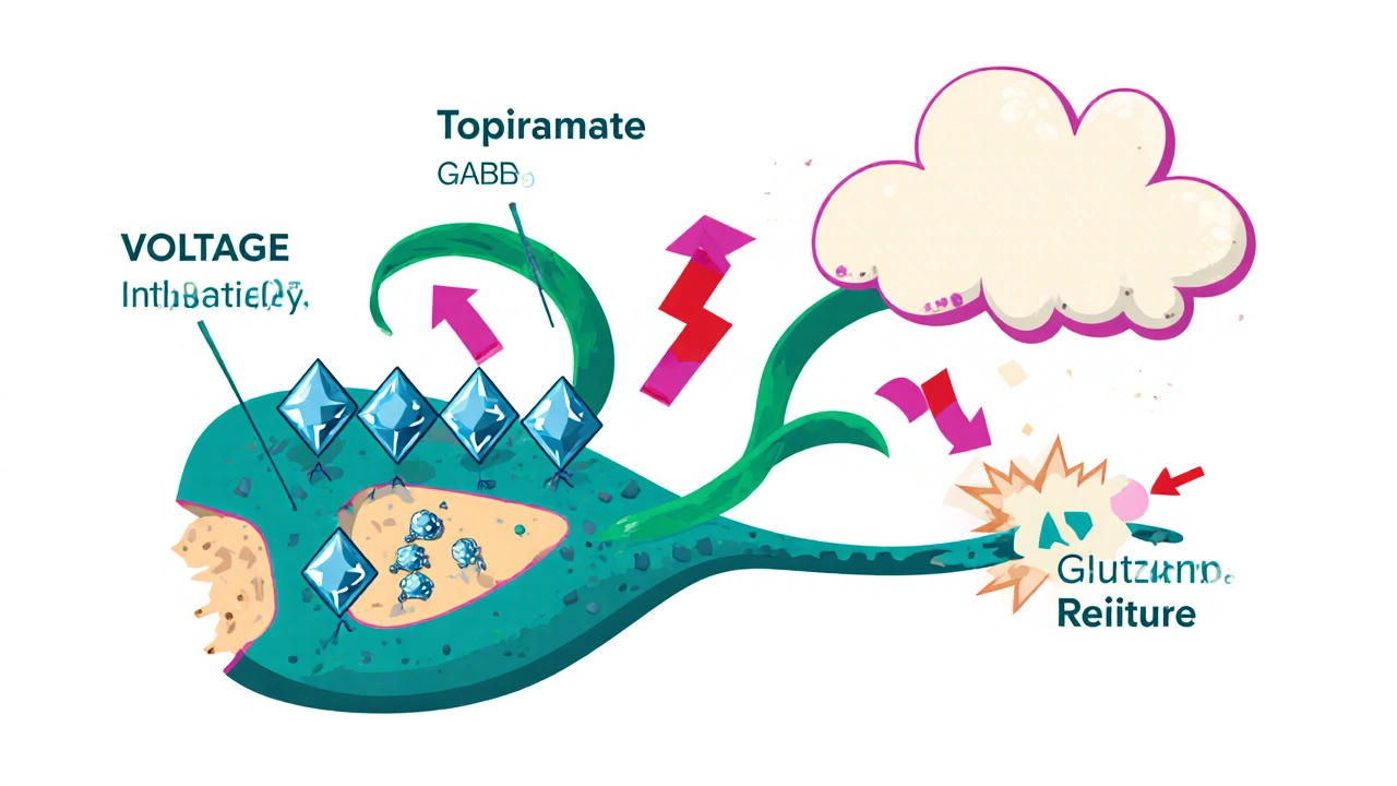 Neurone stylisé montrant topiramate bloquant les canaux Na⁺, GABA renforcé et glutamate inhibé.