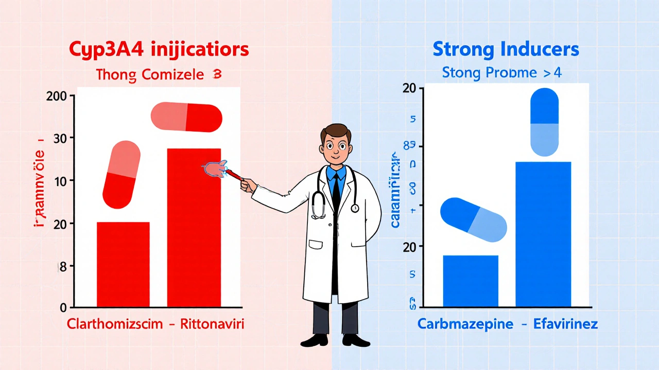 Panneau divisé montrant inhibiteurs rouges augmentant l&#039;AUC et inducteurs bleus le réduisant.