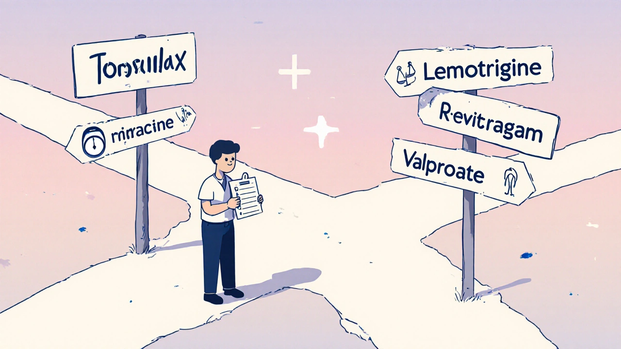 Patient à un carrefour, chaque direction illustrant un antiépileptique avec ses effets secondaires.