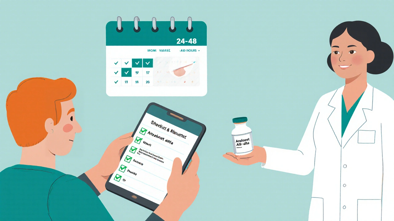 Patient vérifiant une appli de médicaments, calendrier de pause chirurgicale, infirmière avec Andexanet alfa.