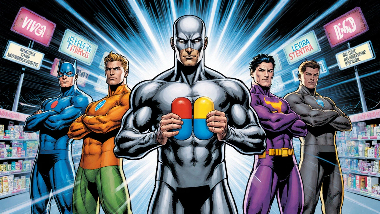 Personnages colorés représentant différents médicaments PDE5 en duel, style DC Comics.
