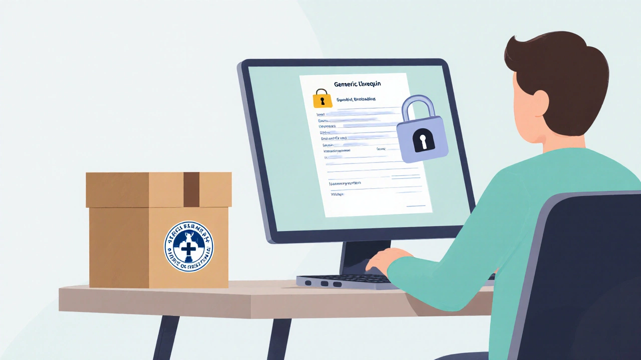 Personne commandant un médicament en ligne, avec boîte de livraison et icône de sécurité.