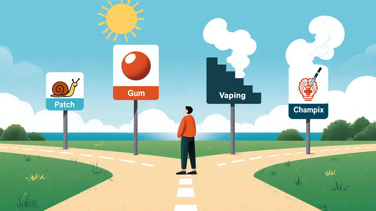 Personne face à quatre chemins pour arrêter de fumer, illustré en style suisse géométrique.