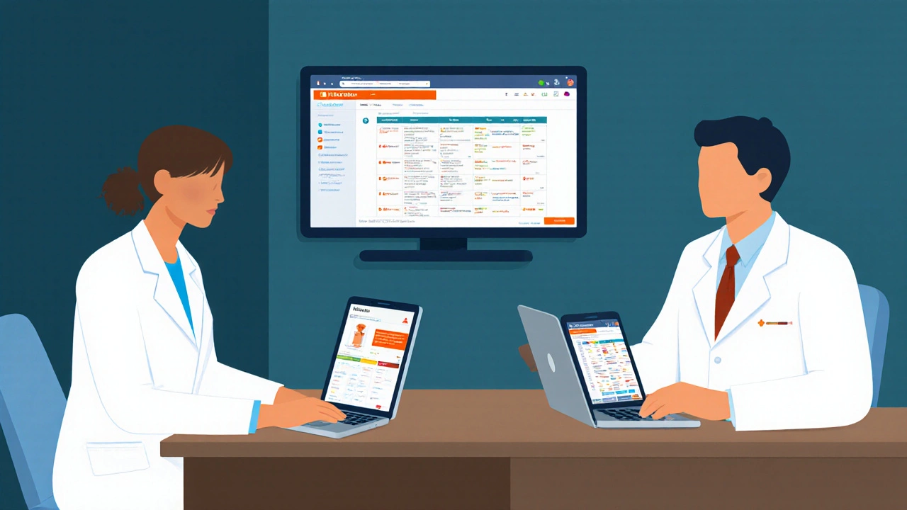 Pharmacien et médecin consultent ensemble des outils numériques pour analyser les interactions médicamenteuses.