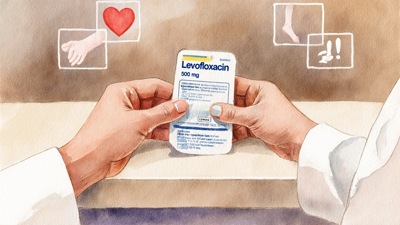 Pharmacien vérifiant un flacon de levofloxacine, avec icônes de précautions médicales.