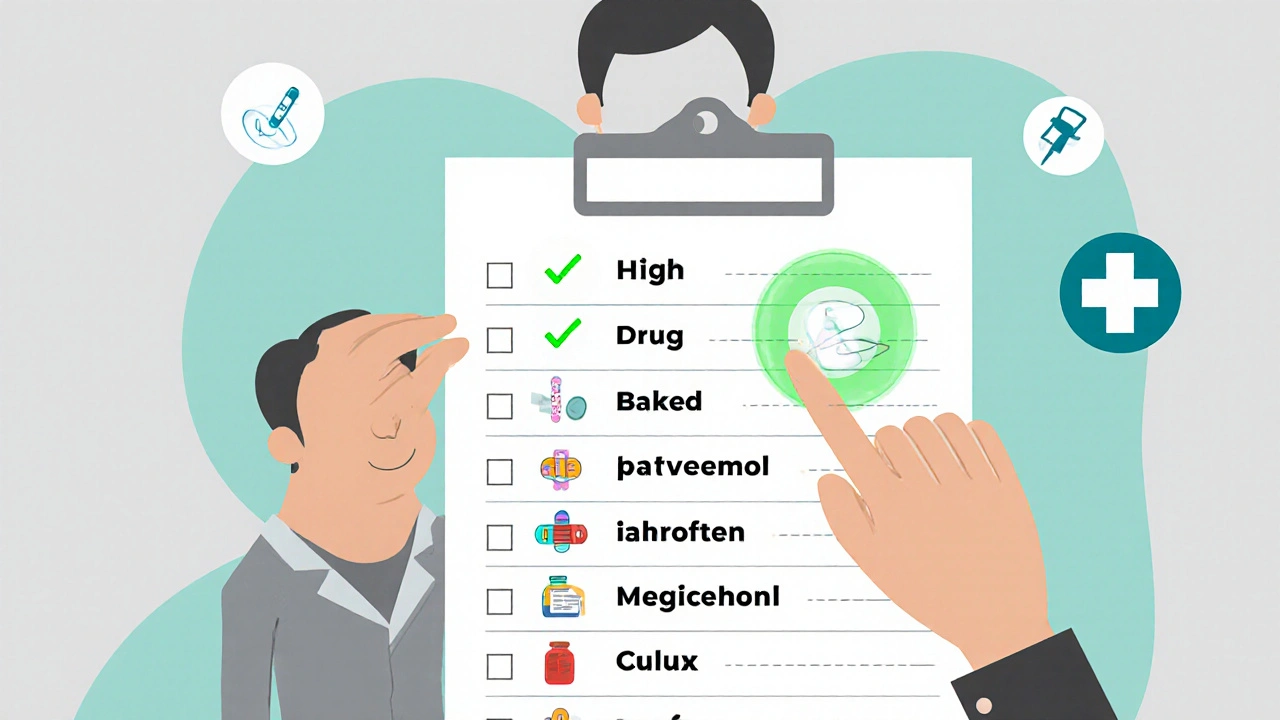 Pharmacien vérifiant une liste de médicaments avec des interactions à risque et des alternatives sûres.