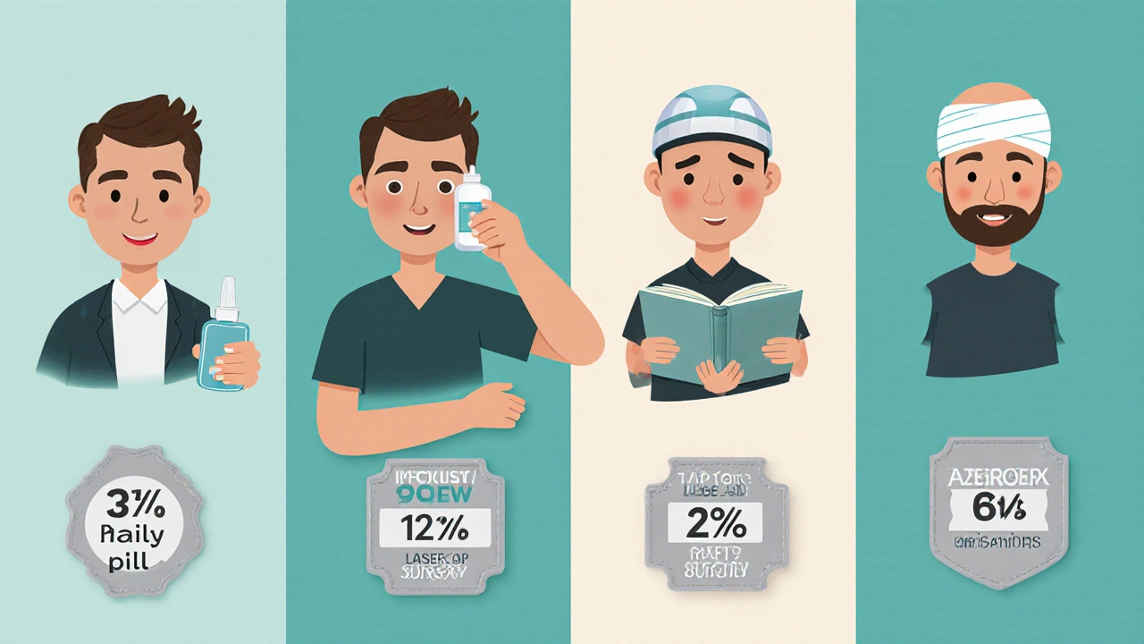 Quatre hommes avec leurs traitements contre la chute de cheveux, comparés visuellement.