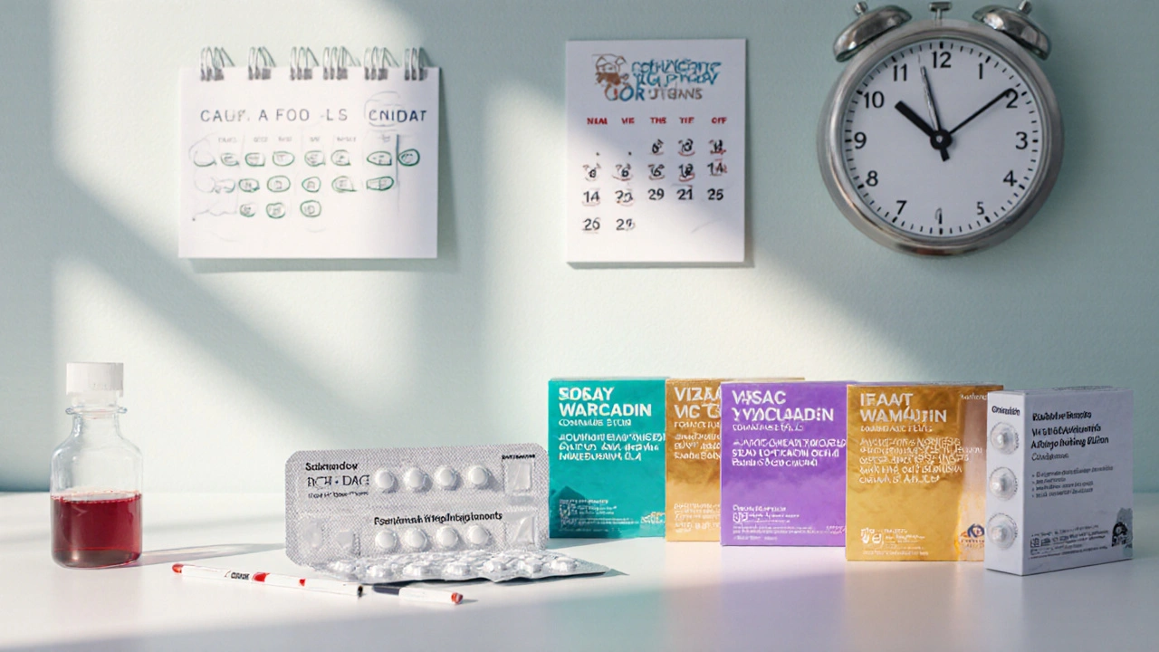 Scène de comptoir de pharmacie avec des plaquettes de Coumadin et de DOAC, accompagnées d’un test d’INR.
