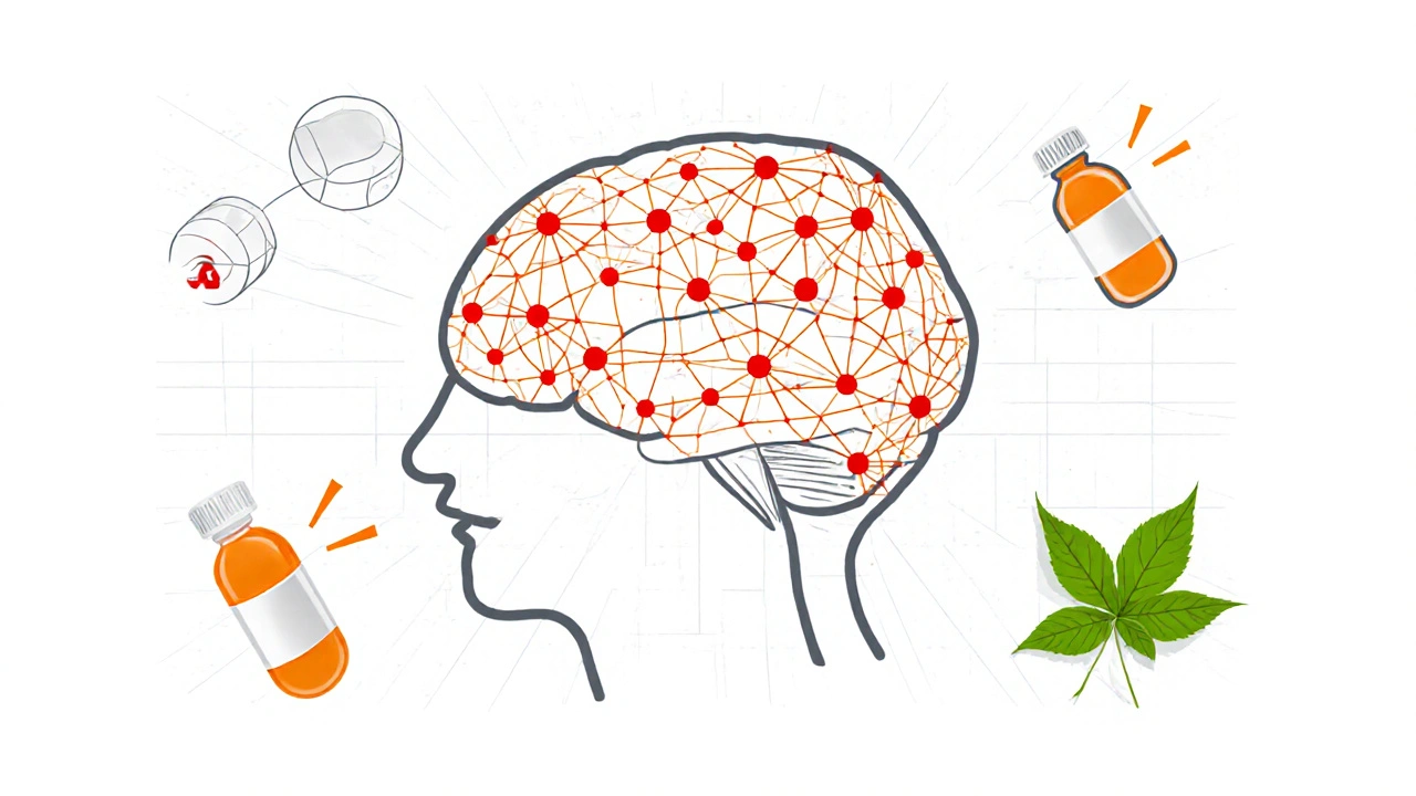 Schéma du cerveau avec des voies de médicaments et des alertes visuelles pour les interactions dangereuses.