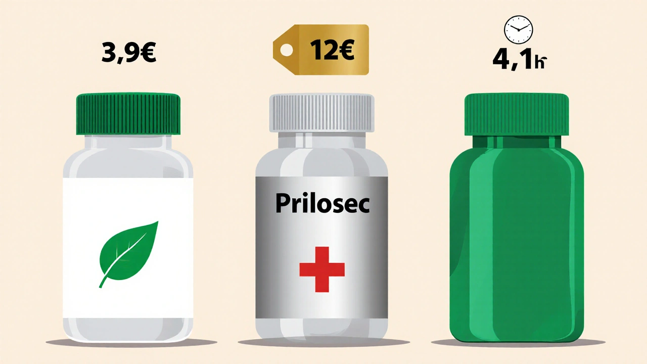 Three pill bottles with price tags compare generic and brand omeprazole.