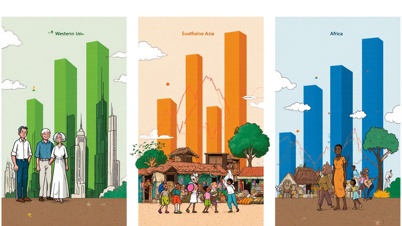Trois panneaux montrant l&#039;Europe, l&#039;Asie du Sud‑Est et l&#039;Afrique subsaharienne avec graphiques intégrés.