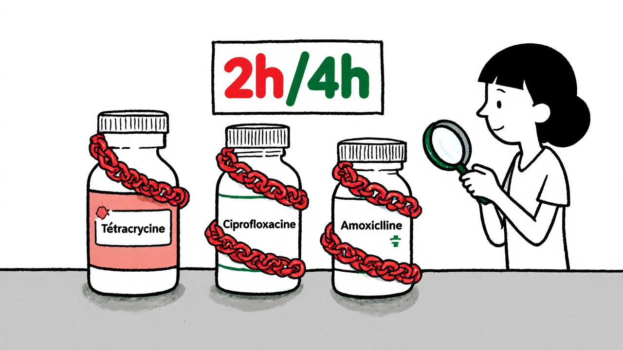 Bouteilles d&#039;antibiotiques à la pharmacie, certaines entravées par du calcium, d&#039;autres non, avec une indication de délai.