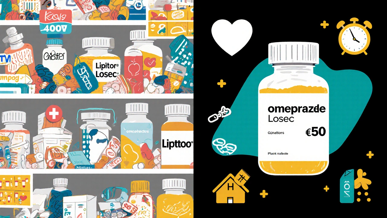 Comparaison visuelle entre de nombreuses marques de médicaments et une seule bouteille générique à bas prix.
