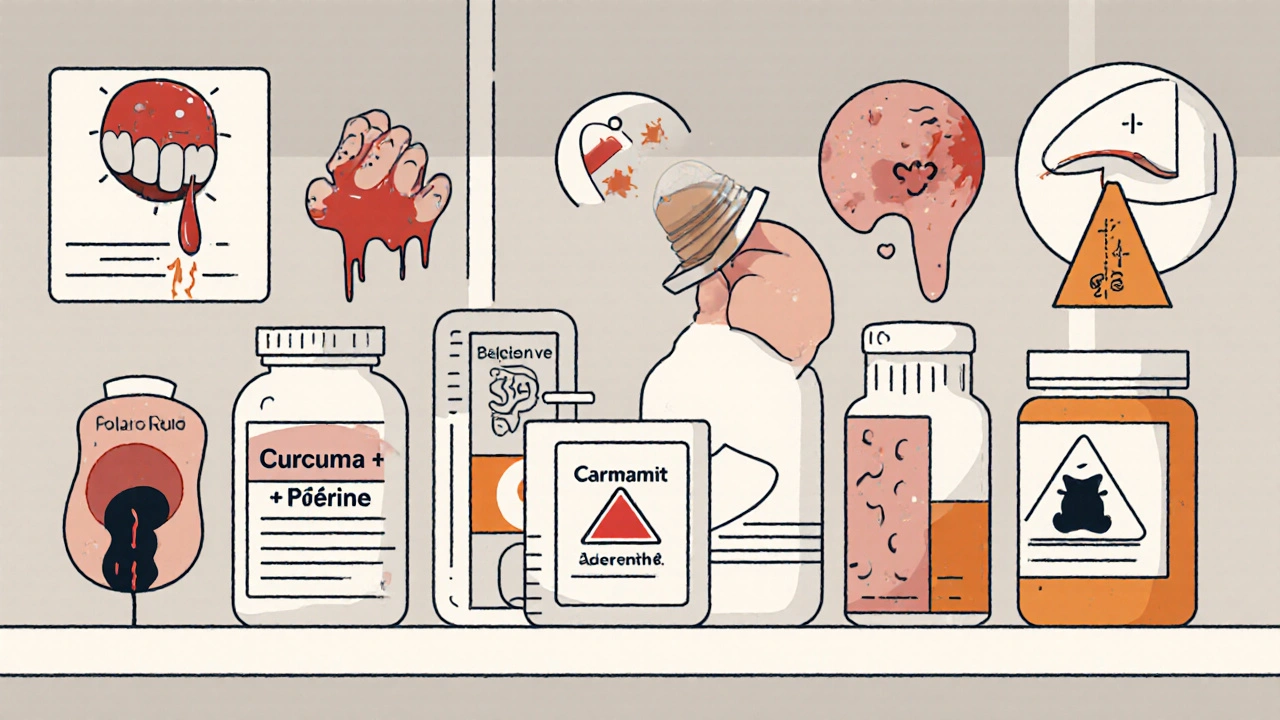 Étagère de pharmacie avec des suppléments de curcuma marqués d&#039;avertissements symboliques de saignement.