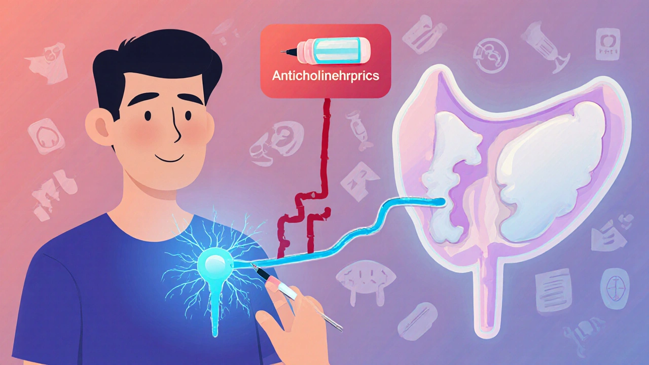 Injection de Botox dans la vessie, avec un chemin nerveux sain en bleu, contrastant avec un chemin brisé en rouge.