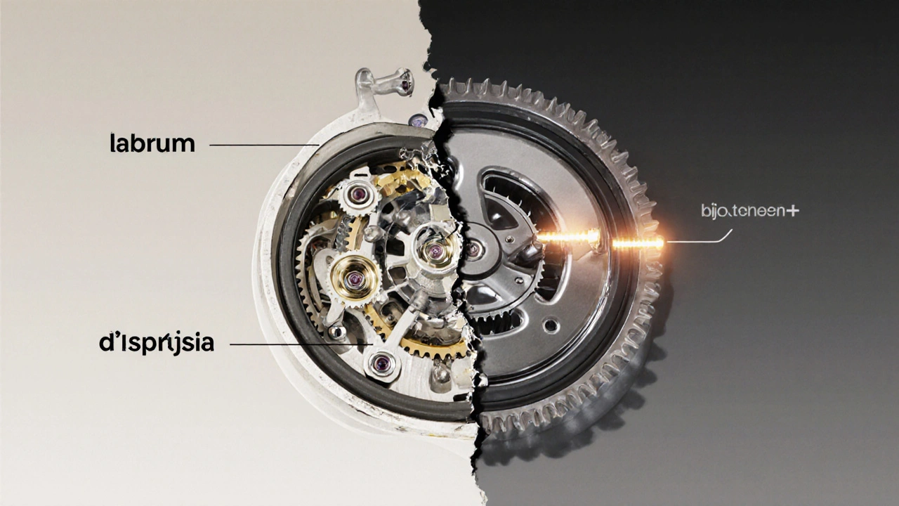 Mécanisme de hanche comme horloge, avec joint usé et ancres bioabsorbables.