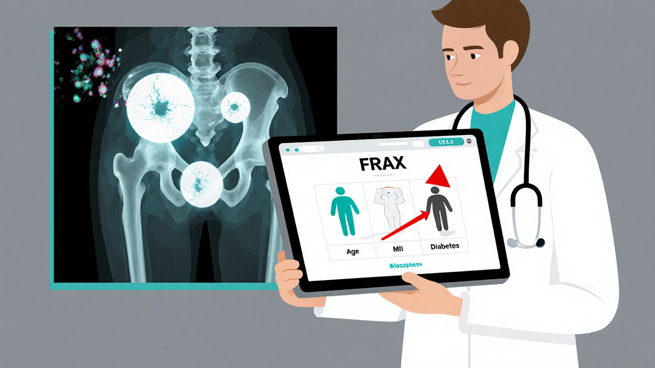 Médecin analysant l&#039;algorithme FRAX avec des facteurs de risque et un score sous-estimé pour le diabète.