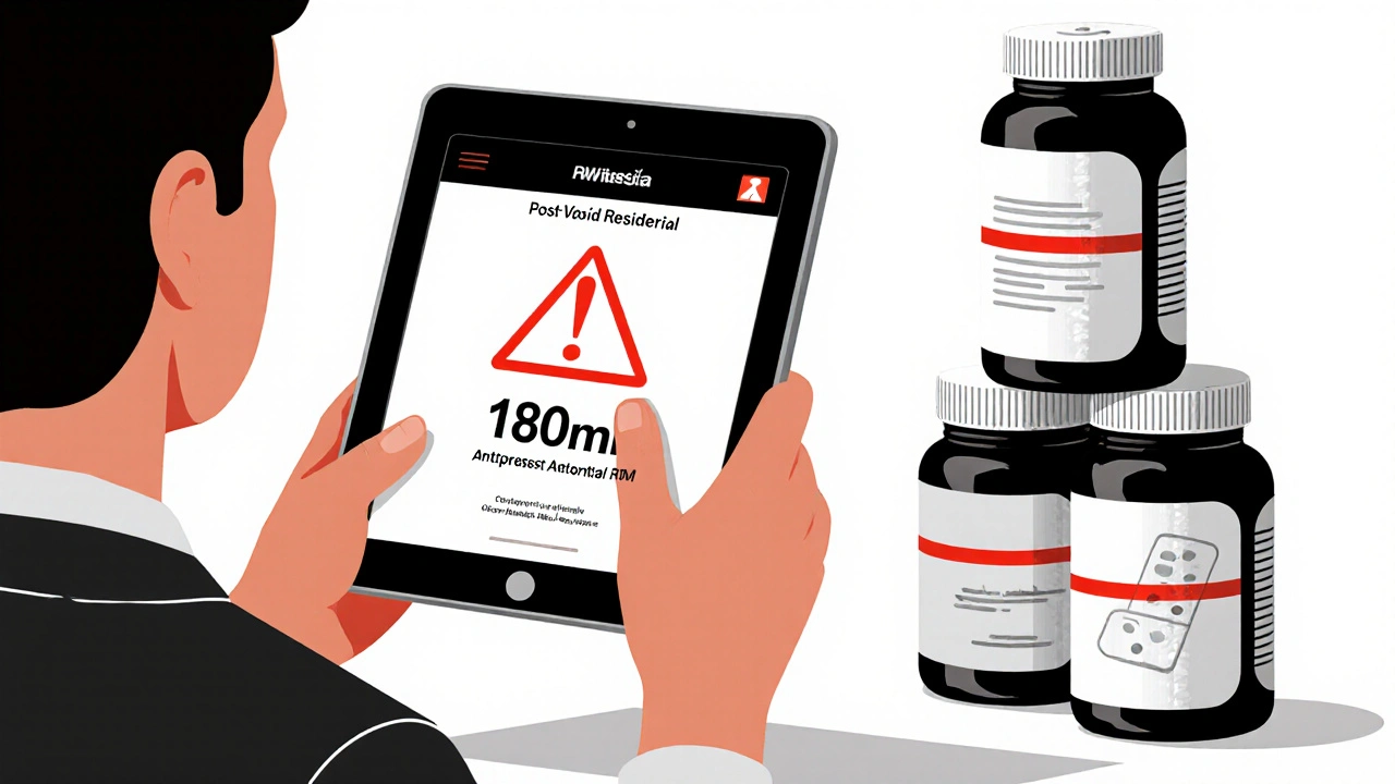 Médecin surveillant un résidu post-miction élevé, avec trois médicaments dangereux empilés.