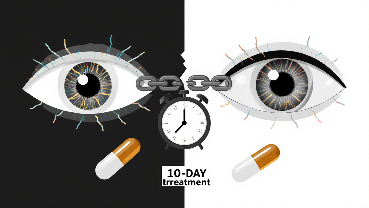 Œil sain à gauche, œil endommagé à droite, séparé par une chaîne brisée et des pilules tombantes.