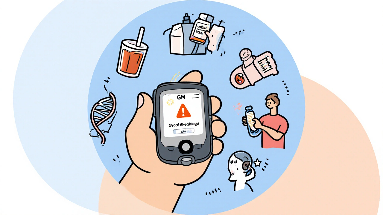 Patient avec moniteur de glycémie entouré d&#039;icônes de prévention : gel, jus, glucagon et ADN.