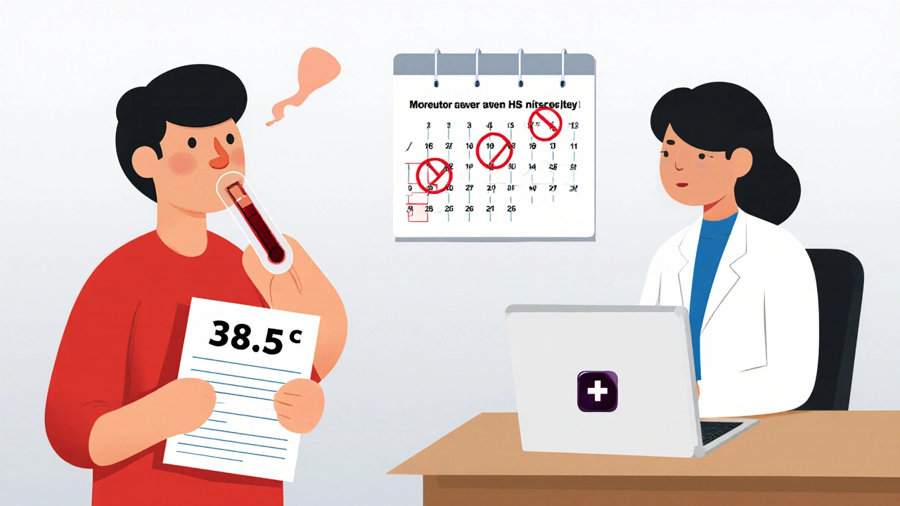 Patient fiévreux avec résultat de sang alarmant, médecin distrait dans un bureau médical.