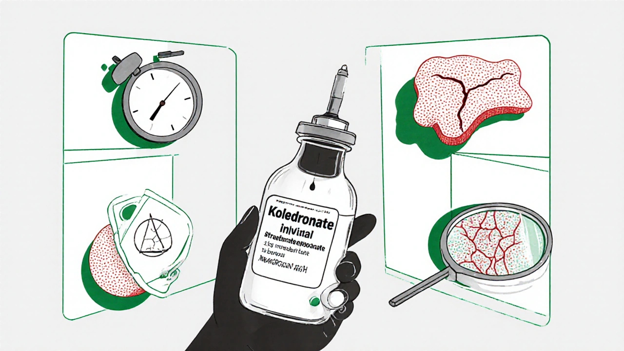Patient recevant un traitement par bisphosphonate avec symboles de guérison osseuse et durée de traitement.