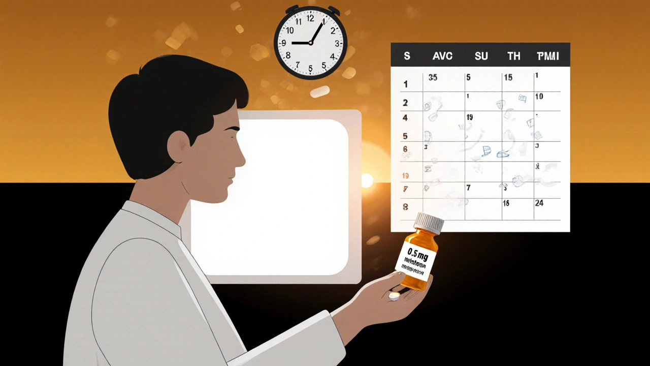 Personne exposée à une lumière thérapeutique le matin avec une dose précise de mélatonine.