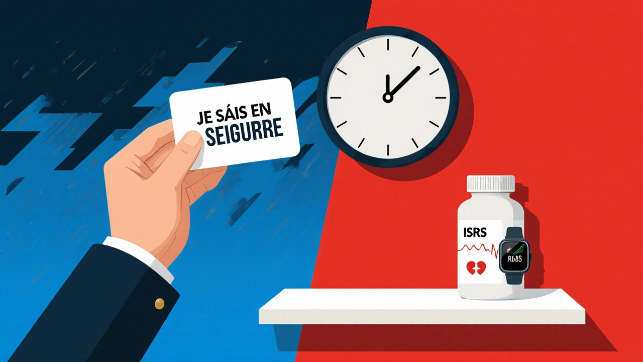 Personne tenant une carte rassurante avec un horloge et un dispositif de suivi cardiaque en arrière-plan.