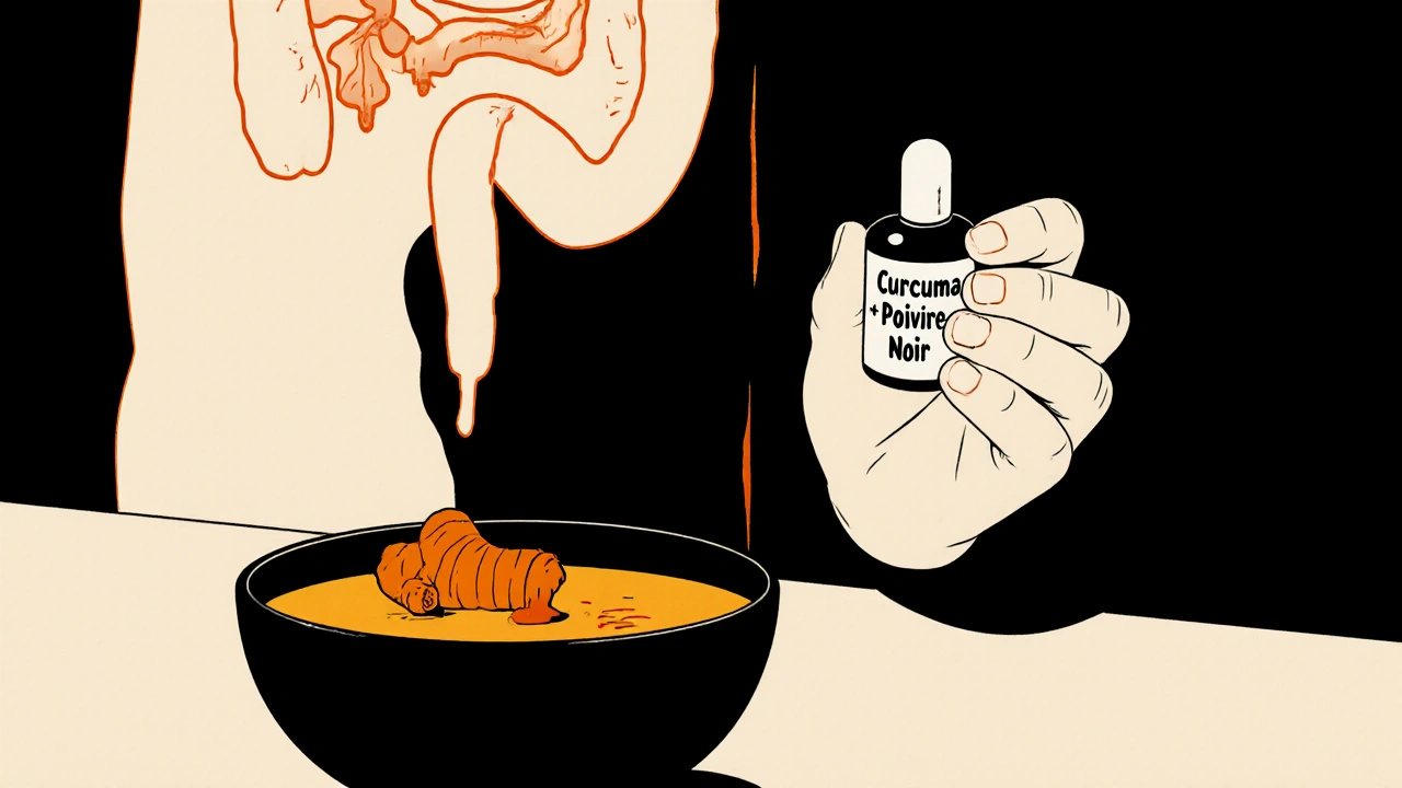 Personne tenant une gélule de curcuma avec poivre noir, une ombre de saignement interne derrière elle.