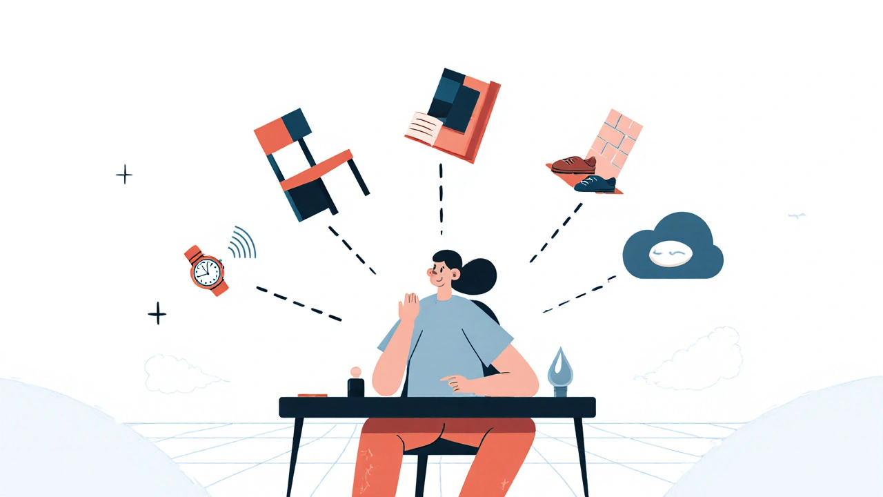 Personne utilisant la technique 5-4-3-2-1 avec des icônes géométriques représentant les cinq sens.