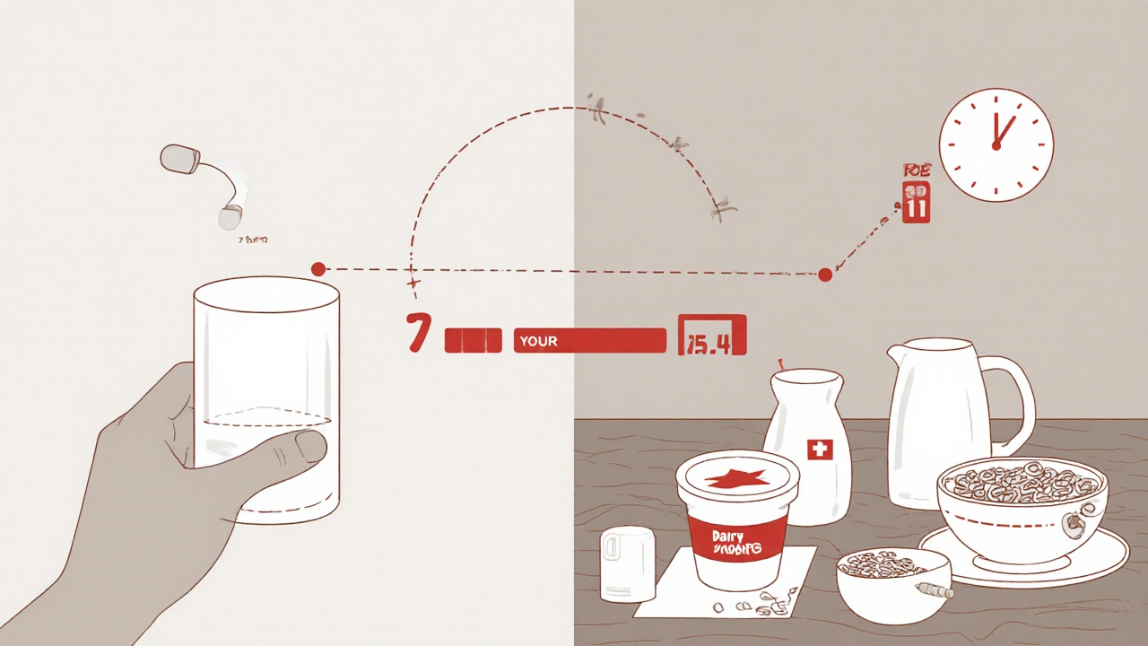 Routine matinale séparée en deux : prise d&#039;antibiotique à jeun et petit-déjeuner laitier avec intervalle sécurisé.