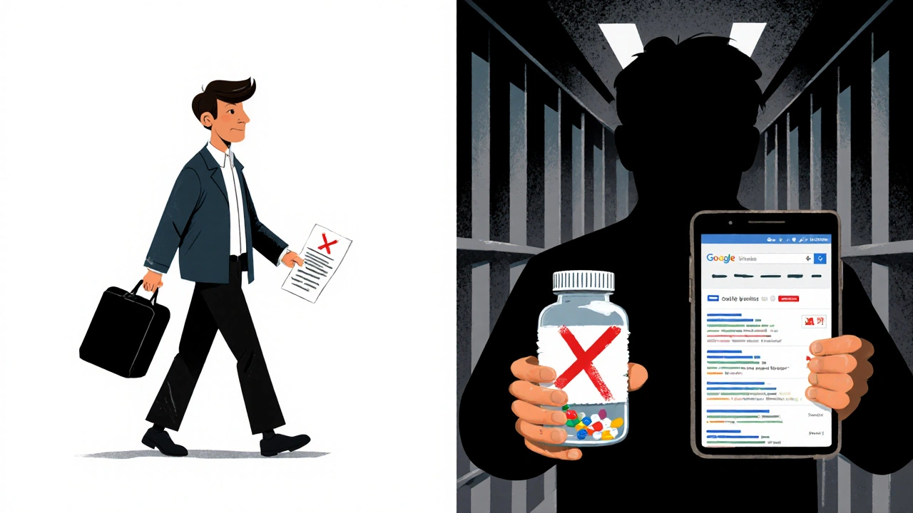 Scène comparée : voyageur autorisé à gauche, personne arrêtée à droite avec une lettre invalide.